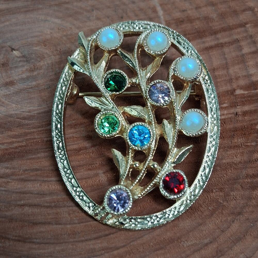 Sarah Coventry Pin Brooch Floralโ Tree w/ Rhinestones & Faux Pearls Vintage